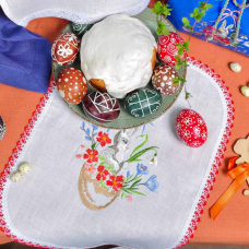 Вишита серветка на дитячу корзинку Вінтаж кролик 37*25см (білий льон) Фото № - 1