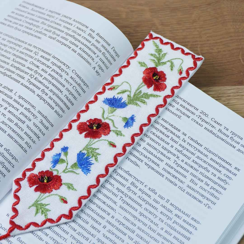 Закладка для книжки Маки з волошками червона (білий льон) Фото № - 4
