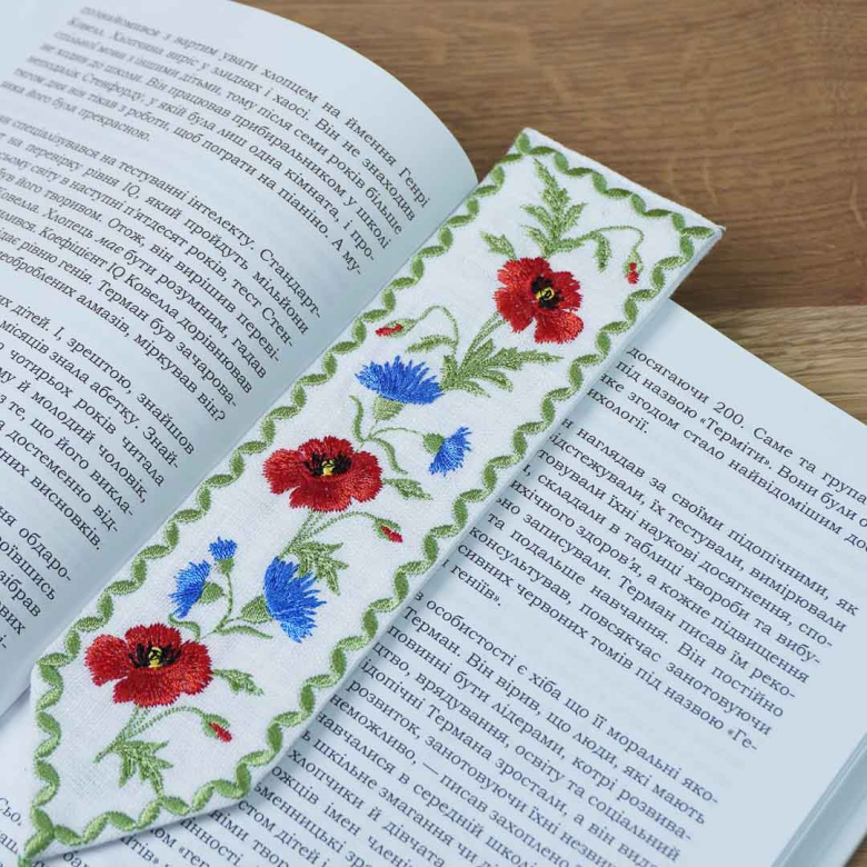 Закладка для книжки Маки з волошками салатова (білий льон) Фото № - 4